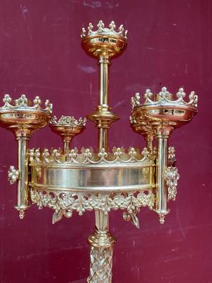 Stunning And Unique Set Of Matching Candle-Holders & Cross.. Measures Cross 67 H X 30 Cm W style Romanesque - Style en Bronze / Polished / New Varnished, France 19th century ( anno 1870 )